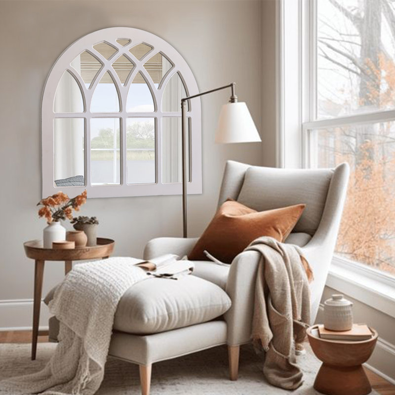 Gracie Oaks Vintage White Arched Wall Mirror, Wood Framed Window Pane